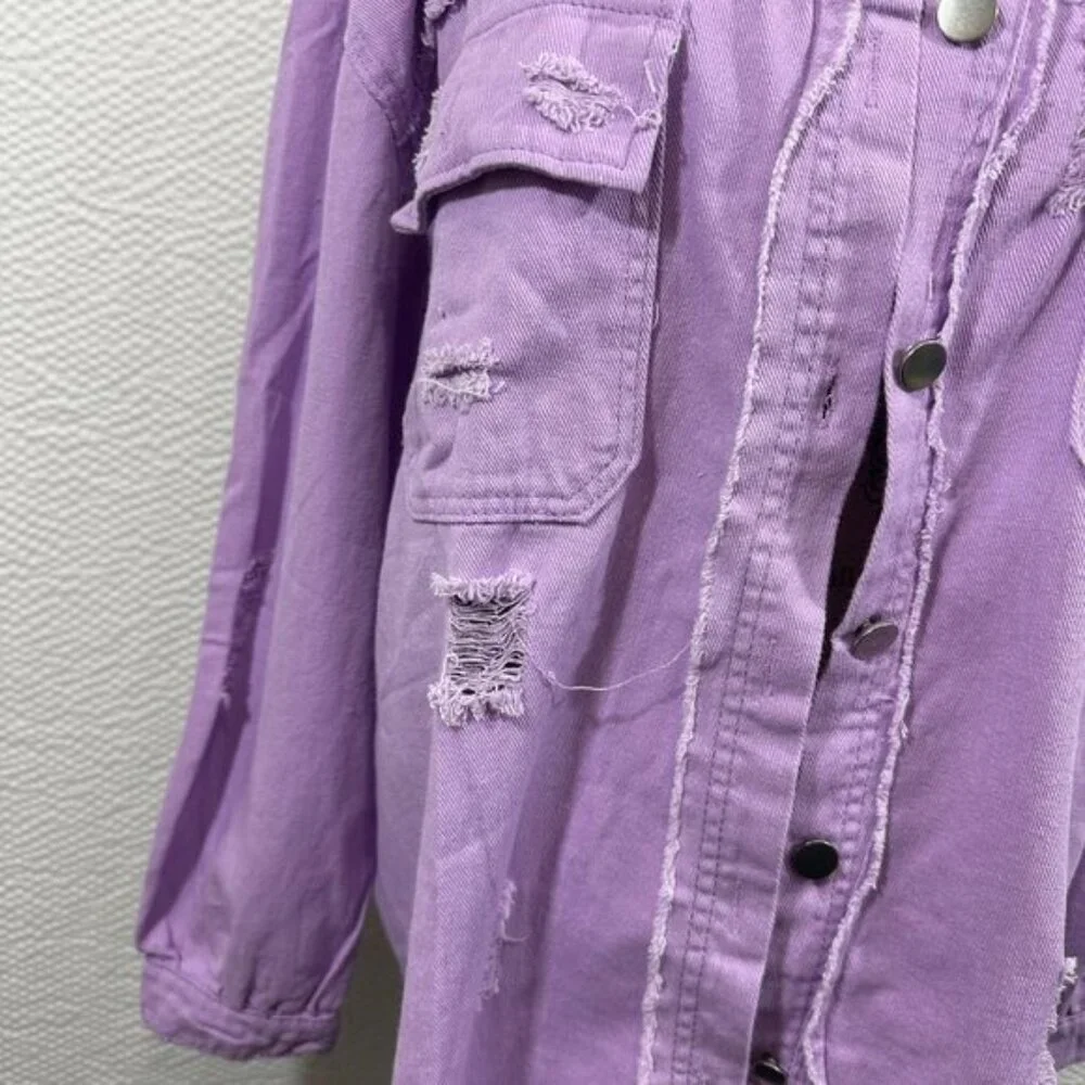 Jeans Ripped Raw Edge Oversized Denim Jacket, Distressed Collar Long Sleeves Y2K - Picture 6 of 10